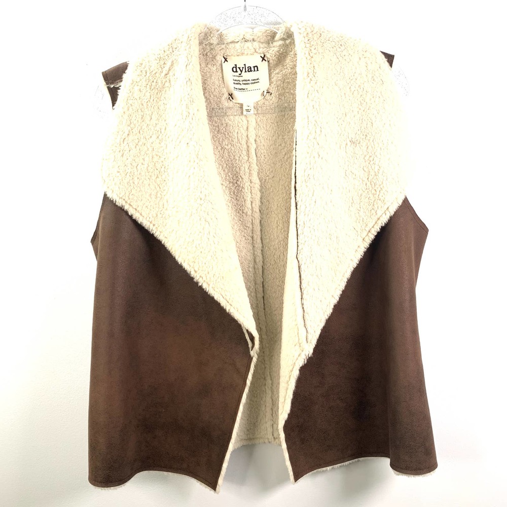 Dylan Los Angeles Faux Sherpa Suede Vest Open Front Brown‎ M
